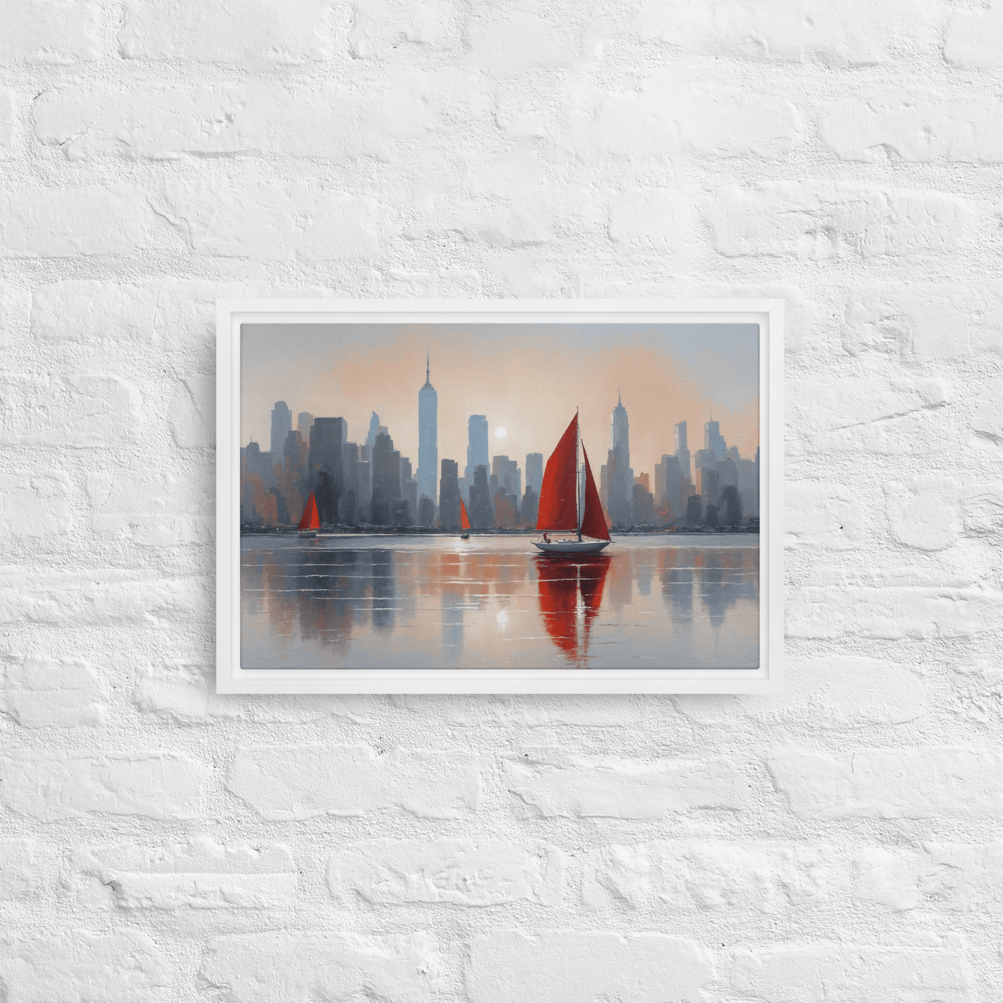 Tableau, toile encadrée, moderne idéal pour une décoration de chambre ou de salon. Un bateau dans la baie de new york en art mural.