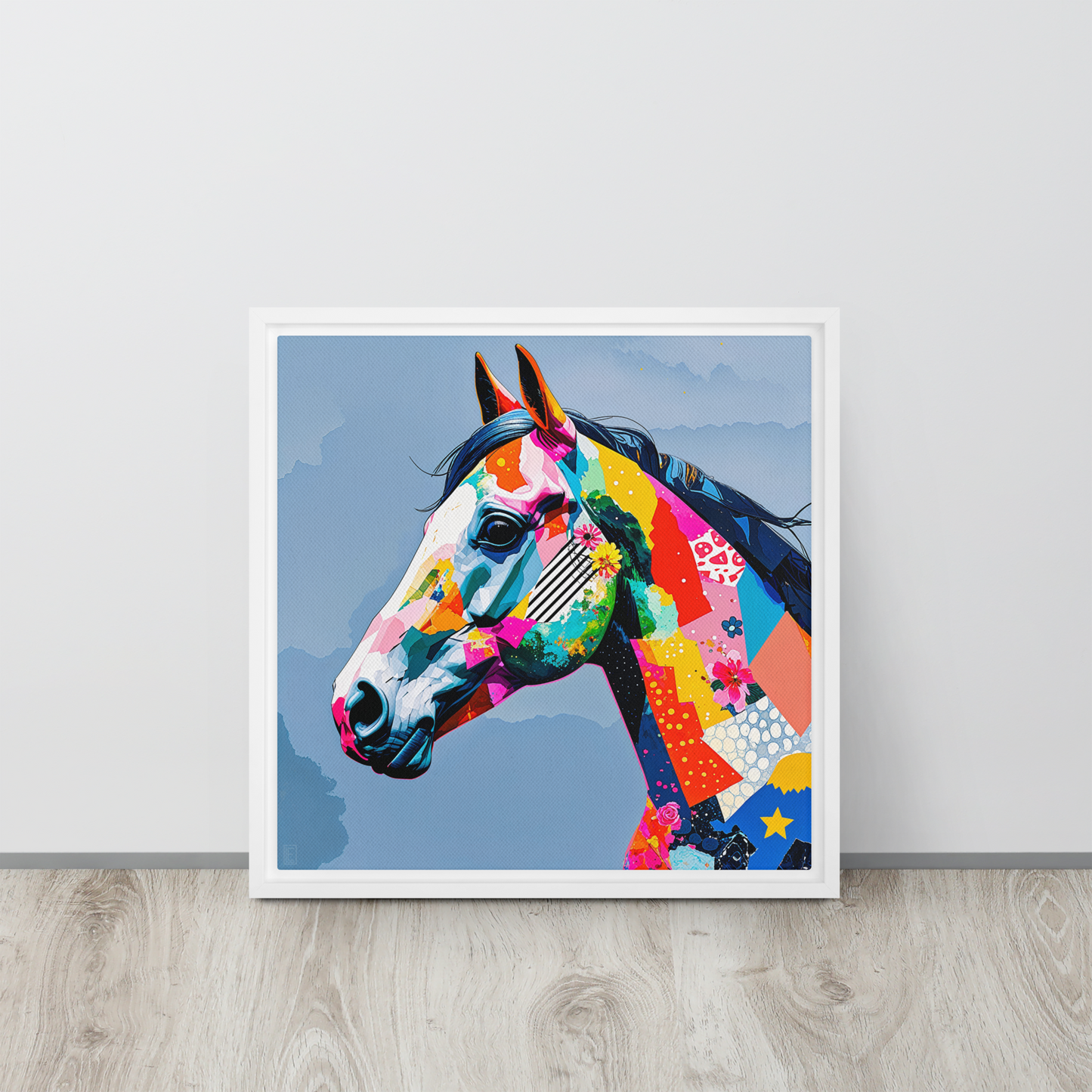 Tableau en toile encadrée de qualité dans le style pop-art pour une décoration de salon moderne et colorée. Il s'agit d'une peinture animalière de cheval.