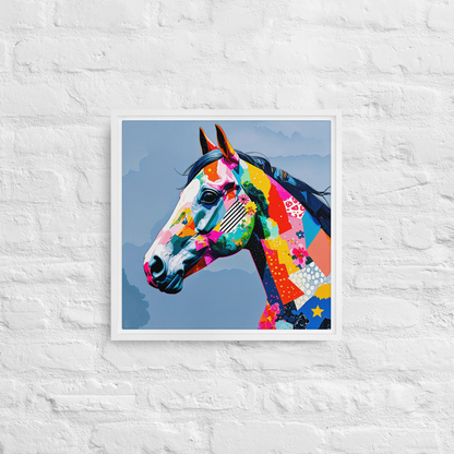 Tableau en toile encadrée de qualité dans le style pop-art pour une décoration de salon moderne et colorée. Il s'agit d'une peinture animalière de cheval.