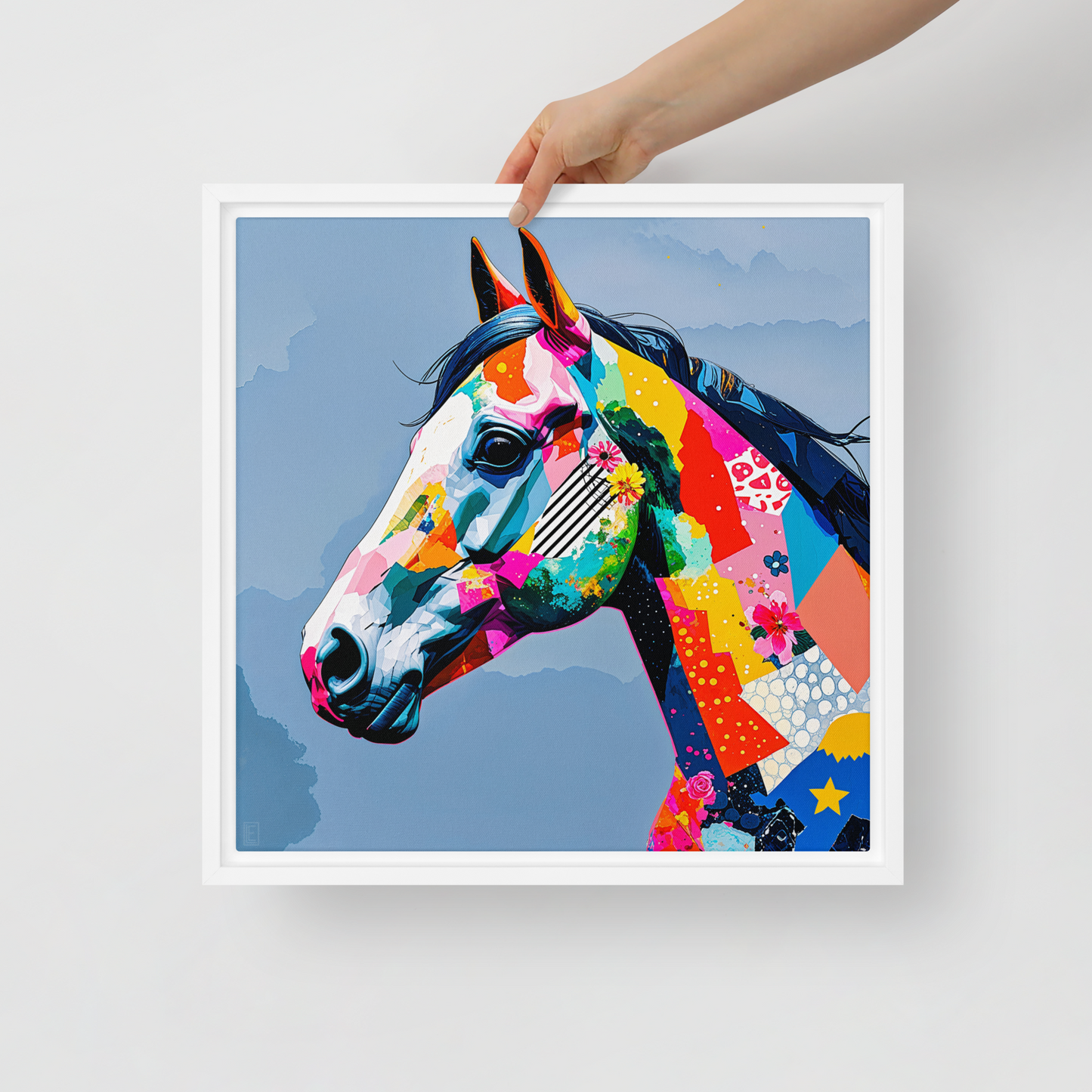Tableau en toile encadrée de qualité dans le style pop-art pour une décoration de salon moderne et colorée. Il s'agit d'une peinture animalière de cheval.