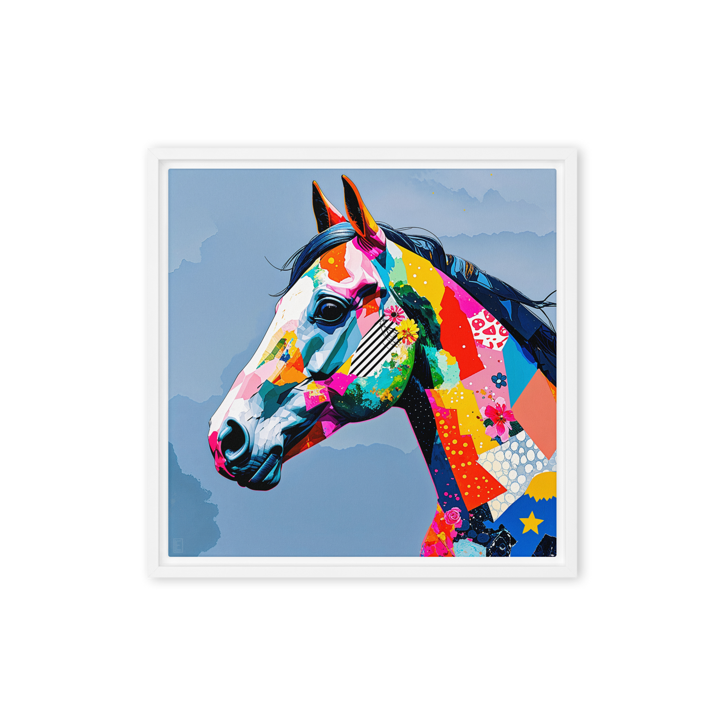 Tableau en toile encadrée de qualité dans le style pop-art pour une décoration de salon moderne et colorée. Il s'agit d'une peinture animalière de cheval.