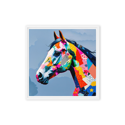 Tableau en toile encadrée de qualité dans le style pop-art pour une décoration de salon moderne et colorée. Il s'agit d'une peinture animalière de cheval.