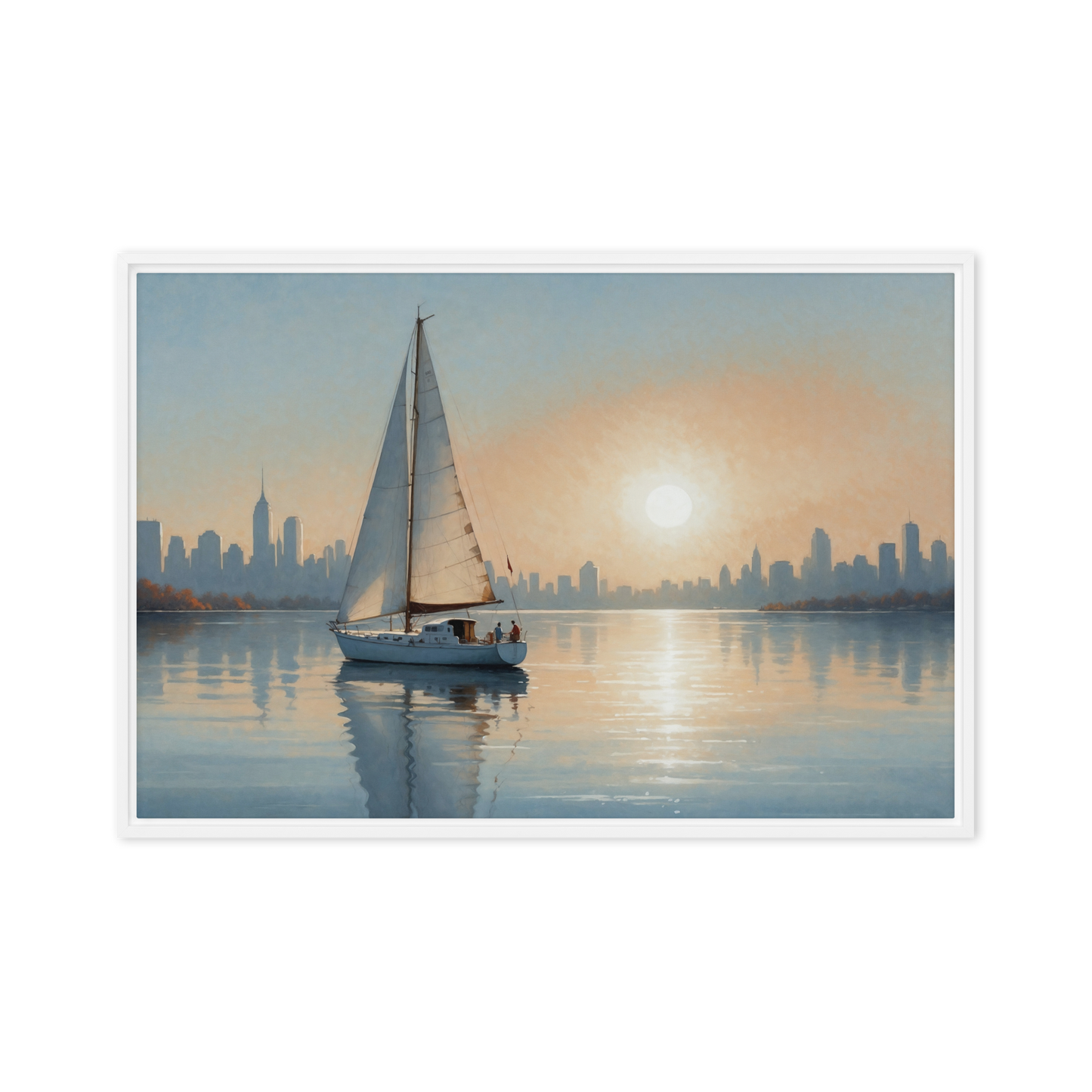 Tableau, toile encadrée, moderne idéal pour une décoration de chambre ou de salon. Un bateau dans la baie de new york en art mural.