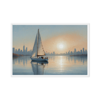 Tableau, toile encadrée, moderne idéal pour une décoration de chambre ou de salon. Un bateau dans la baie de new york en art mural.