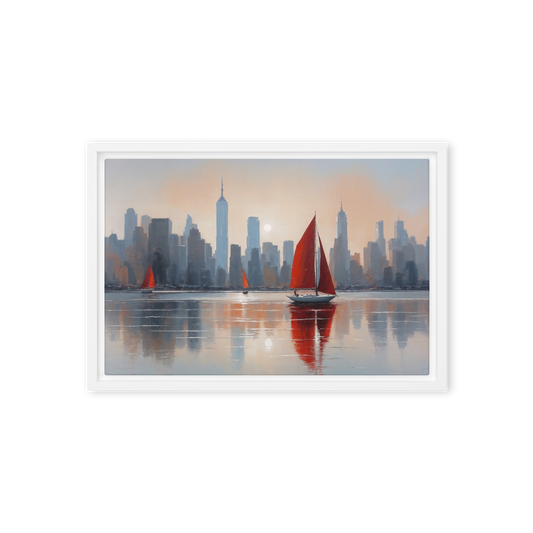 Tableau, toile encadrée, moderne idéal pour une décoration de chambre ou de salon. Un bateau dans la baie de new york en art mural.